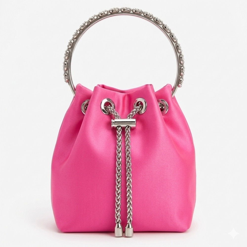 Sondra Roberts Gabrielle Pink Satin Crystal Handle Bucket Bag Tassel Clutch
